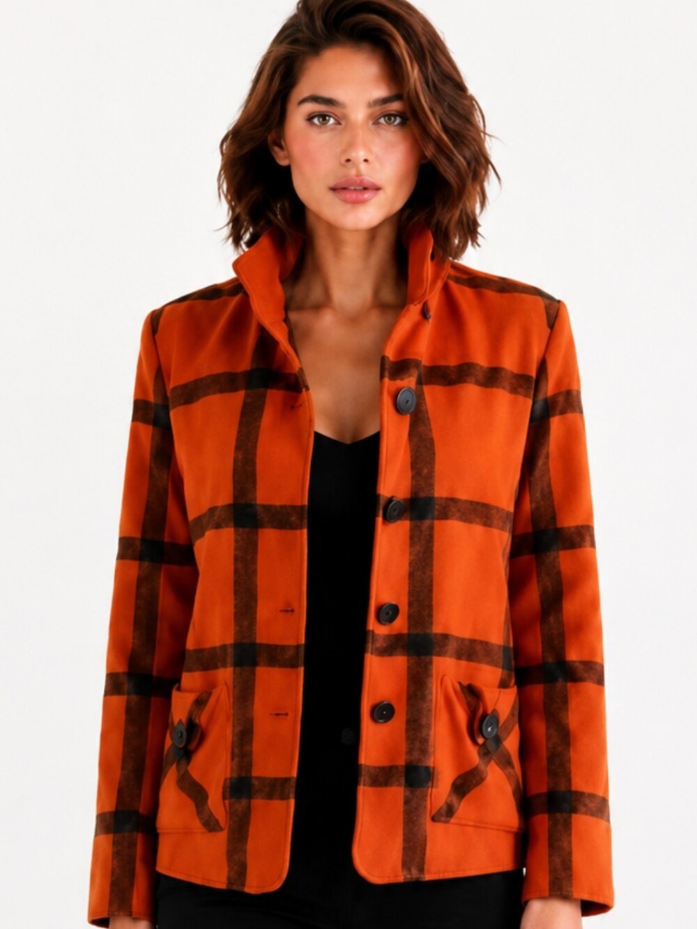 600 West Rust Orange & Black Plaid Oversized Wool Blend Jacket | Small